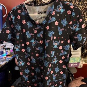 Disney Stitch scrub Top - Black with Pink and Blue